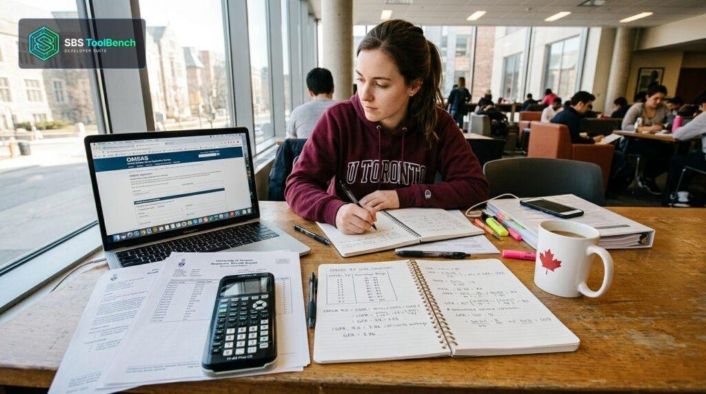 Academic desk with Canadian university grading notes, calculator, and OMSAS 4.0 conversion chart