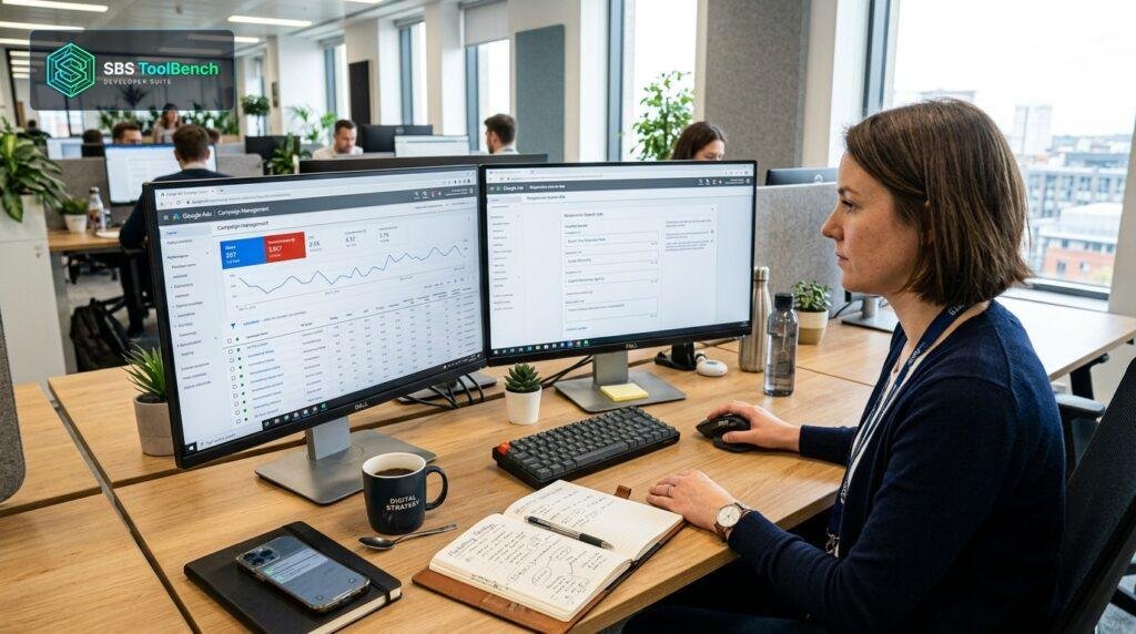 PPC marketer desk with Google Ads campaign performance dashboard and ad copy planning sheet