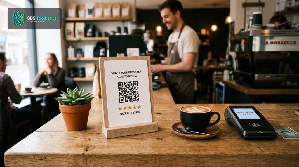 Store countertop with modern wooden QR code display stand and payment terminal for Google customer reviews
