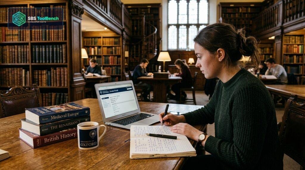 University study desk with academic books, module grade calculation notes, and student laptop