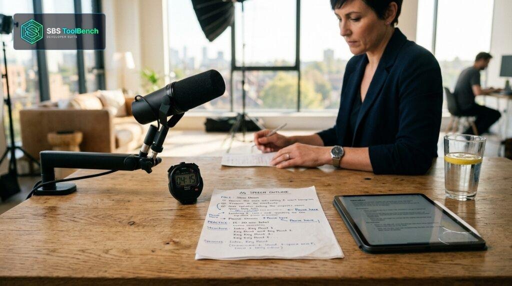 Professional presentation desk with speech notes, microphone, and digital stopwatch timer for calculating words to minutes speaking pace